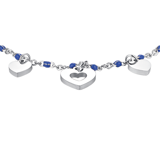 STEEL BRACELET WITH HEARTS AND BLUE STONES