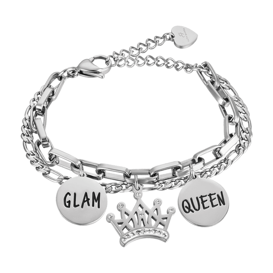 WOMEN'S STEEL BRACELET WITH CROWN WITH WHITE CRYSTALS AND ENAMEL PLATES