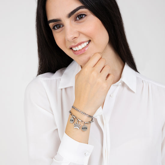 WOMEN'S STEEL BRACELET WITH CROWN WITH WHITE CRYSTALS AND ENAMEL PLATES