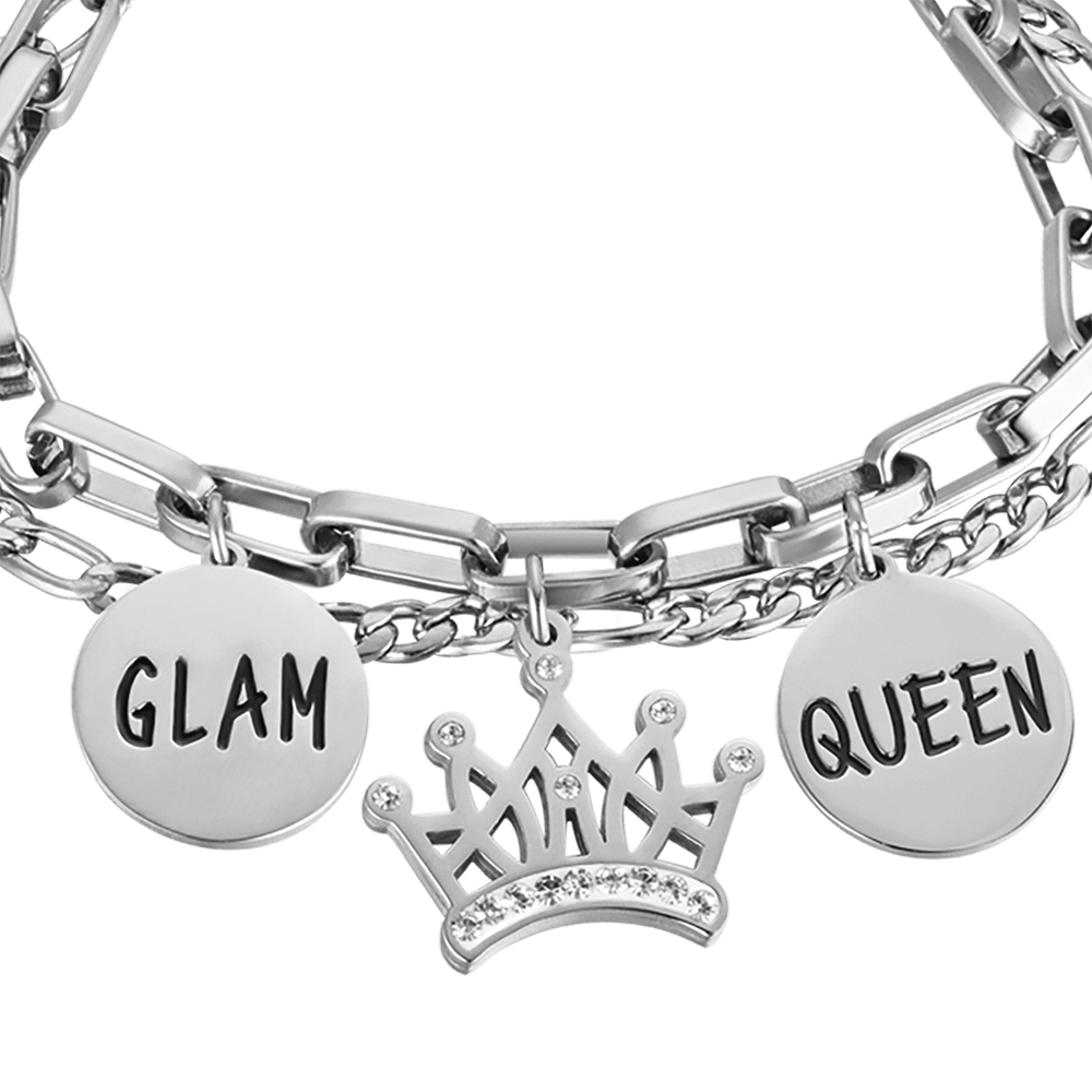 WOMEN'S STEEL BRACELET WITH CROWN WITH WHITE CRYSTALS AND ENAMEL PLATES