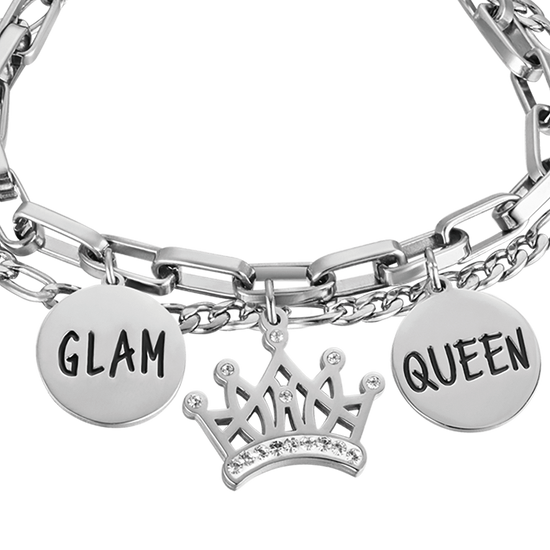 WOMEN'S STEEL BRACELET WITH CROWN WITH WHITE CRYSTALS AND ENAMEL PLATES