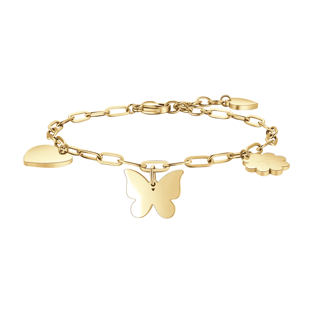 GOLD STEEL WOMEN'S BRACELET WITH HEART, BUTTERFLY AND FOUR-LEAF CLOVER