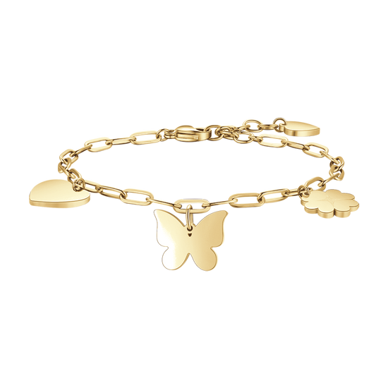 GOLD STEEL WOMEN'S BRACELET WITH HEART, BUTTERFLY AND FOUR-LEAF CLOVER