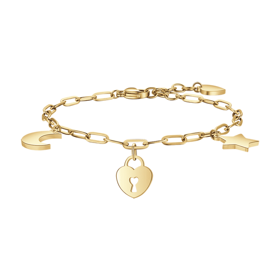 GOLD STEEL WOMEN'S BRACELET WITH MOON, HEART PADLOCK AND STAR