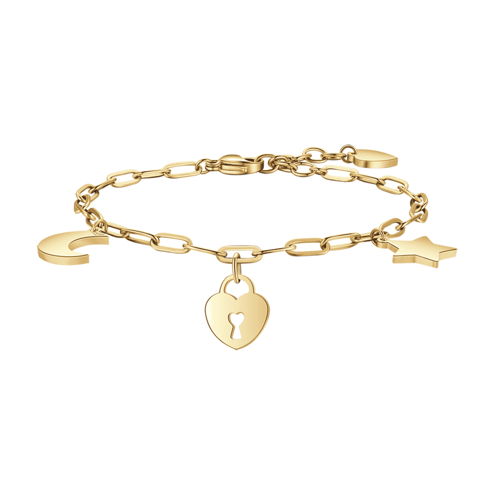 GOLD STEEL WOMEN'S BRACELET WITH MOON, HEART PADLOCK AND STAR