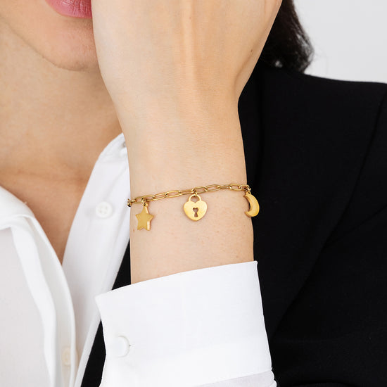 GOLD STEEL WOMEN'S BRACELET WITH MOON, HEART PADLOCK AND STAR