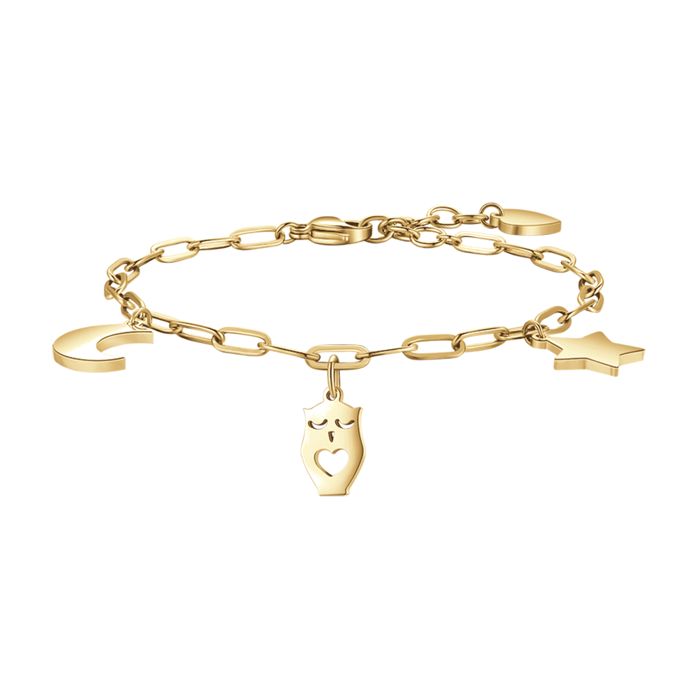 GOLD STEEL WOMEN'S BRACELET WITH MOON, OWL AND STAR