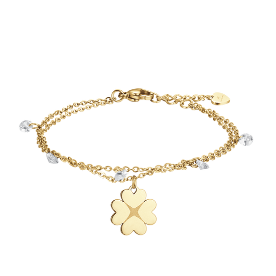 WOMEN'S IP GOLD STEEL BRACELET WITH SHAMROCK AND CRYSTALS