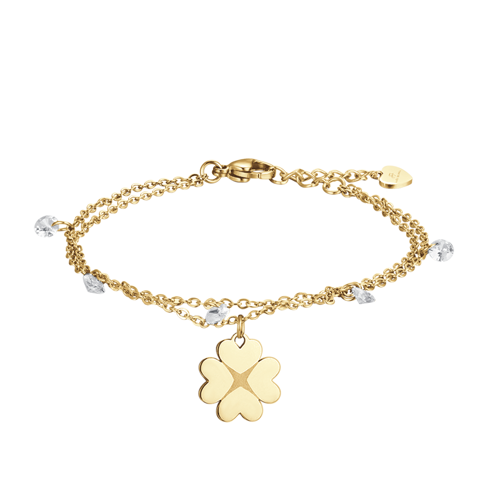 WOMEN'S IP GOLD STEEL BRACELET WITH SHAMROCK AND CRYSTALS