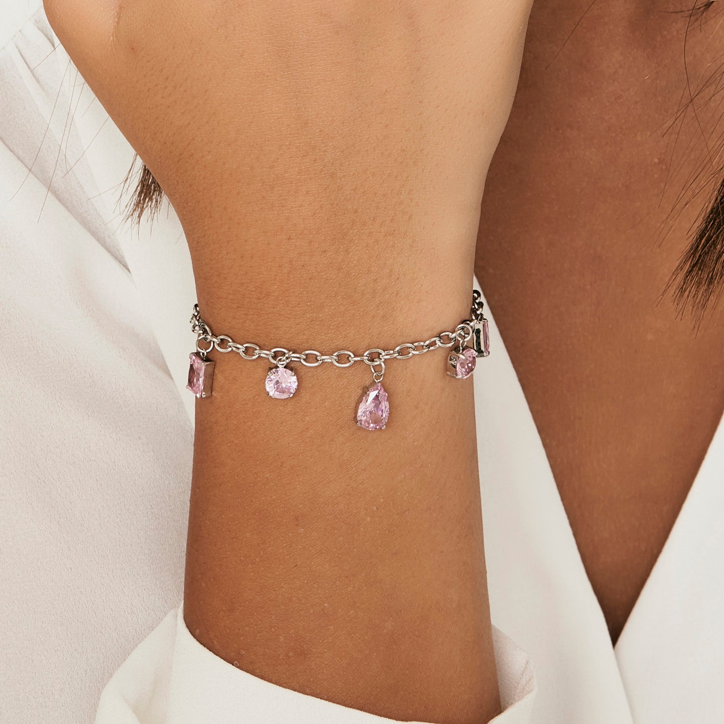 WOMEN'S STEEL BRACELET WITH PINK CRYSTALS