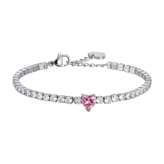 WOMEN'S STEEL BRACELET WITH WHITE CRYSTALS AND PINK CRYSTAL HEART