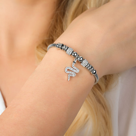 WOMEN'S STEEL SNAKE BRACELET WITH WHITE CRYSTALS