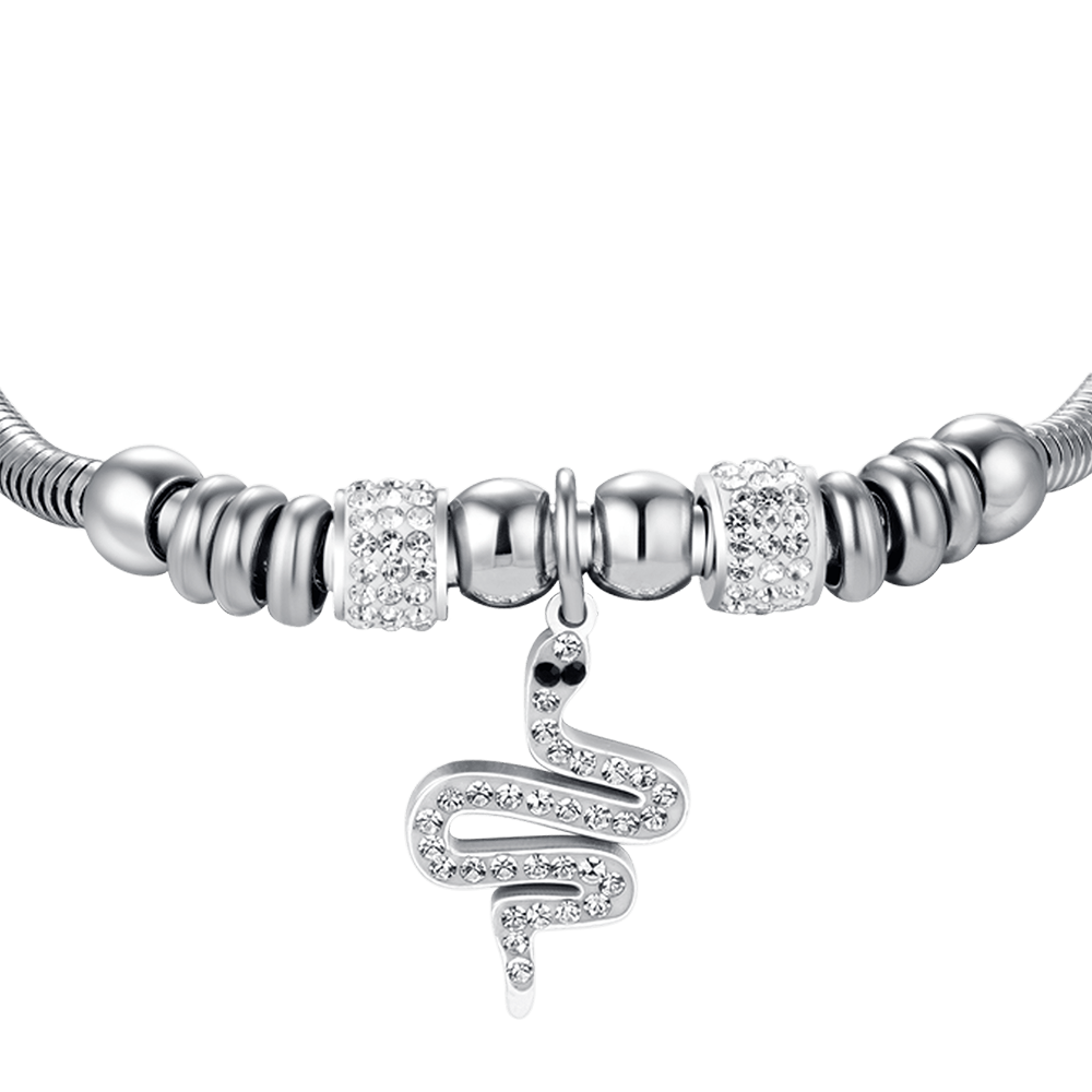 WOMEN'S STEEL SNAKE BRACELET WITH WHITE CRYSTALS