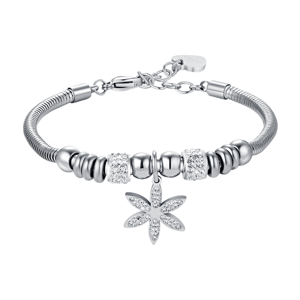 WOMEN'S STEEL FLOWER OF LIFE BRACELET WITH WHITE CRYSTALS