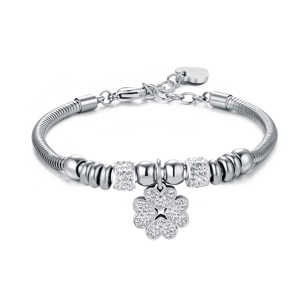 WOMEN'S STEEL CLOVERLEAF BRACELET WITH WHITE CRYSTALS