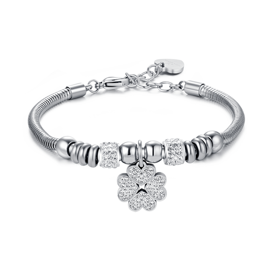 WOMEN'S STEEL CLOVERLEAF BRACELET WITH WHITE CRYSTALS