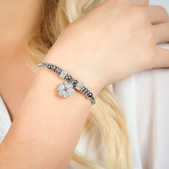 WOMEN'S STEEL CLOVERLEAF BRACELET WITH WHITE CRYSTALS