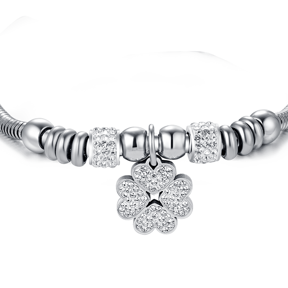 WOMEN'S STEEL CLOVERLEAF BRACELET WITH WHITE CRYSTALS