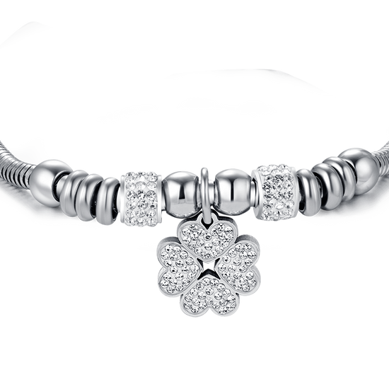 WOMEN'S STEEL CLOVERLEAF BRACELET WITH WHITE CRYSTALS