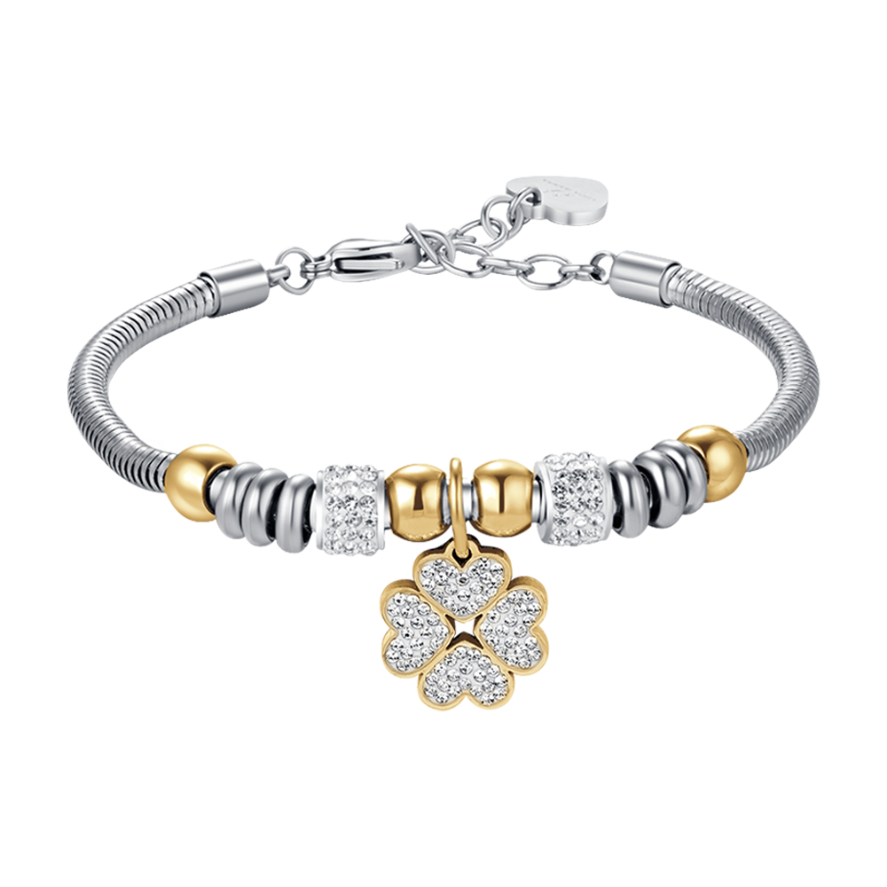 WOMEN'S STEEL CLOVERLEAF BRACELET WITH WHITE CRYSTALS