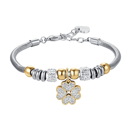 WOMEN'S STEEL CLOVERLEAF BRACELET WITH WHITE CRYSTALS