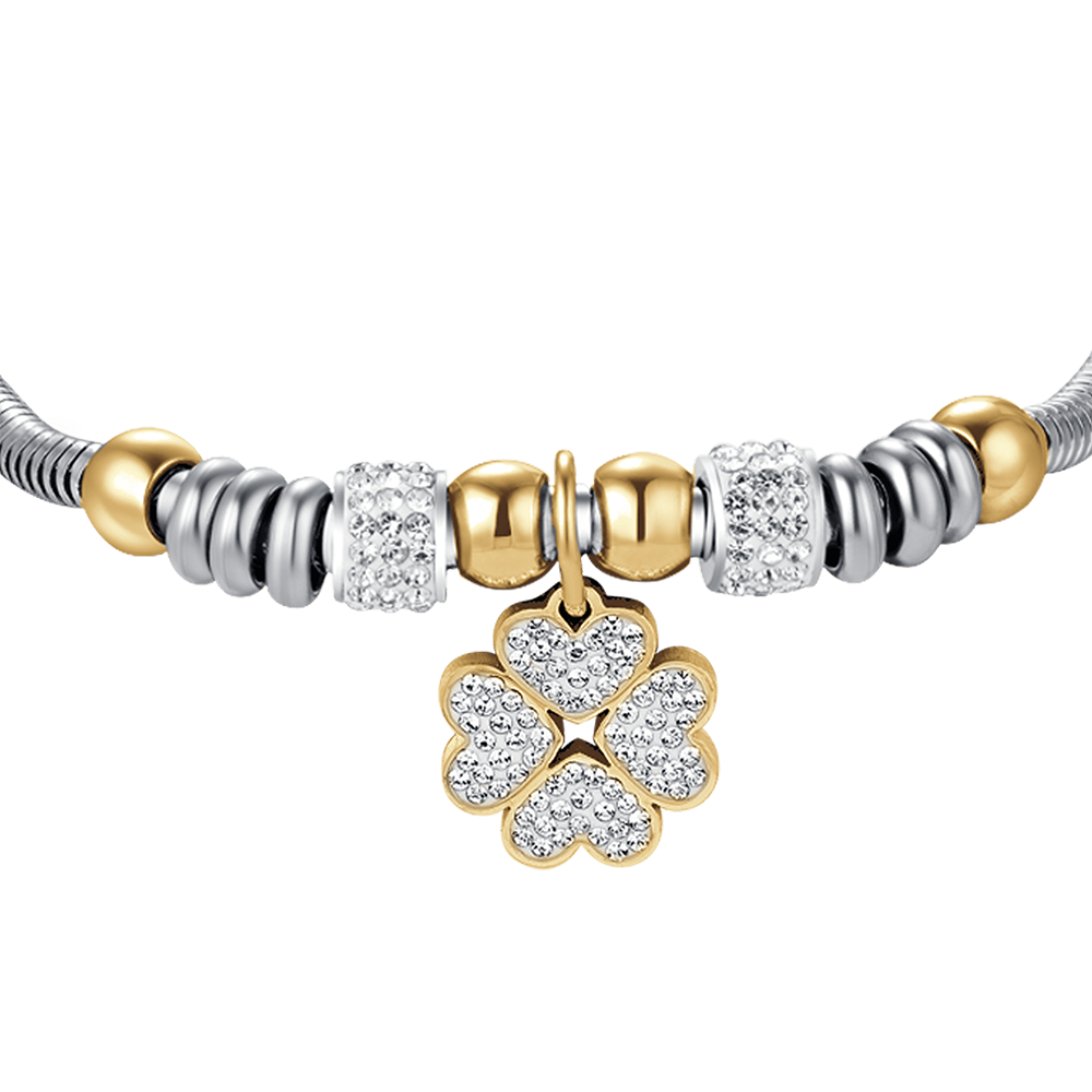 WOMEN'S STEEL CLOVERLEAF BRACELET WITH WHITE CRYSTALS