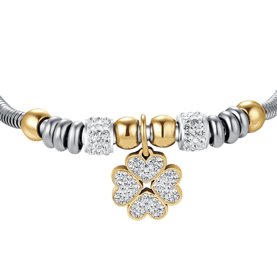 WOMEN'S STEEL CLOVERLEAF BRACELET WITH WHITE CRYSTALS