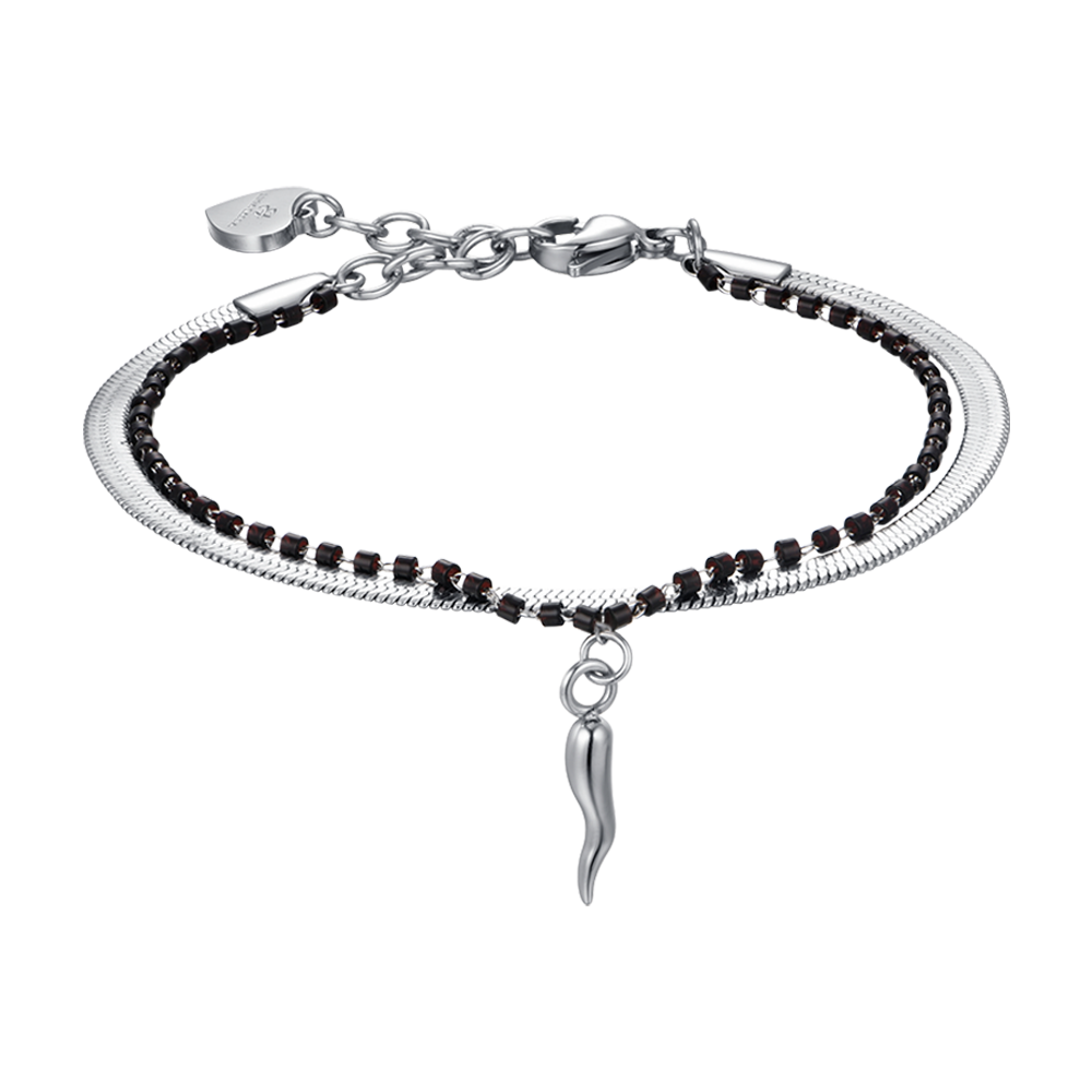 WOMEN'S STEEL BRACELET WITH HORN AND BLACK ELEMENTS