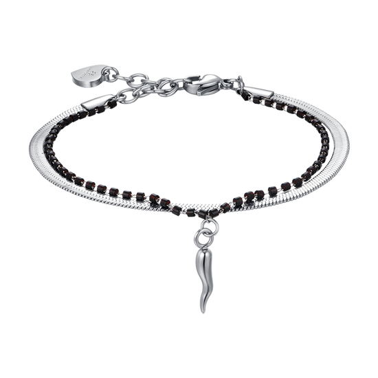 WOMEN'S STEEL BRACELET WITH HORN AND BLACK ELEMENTS