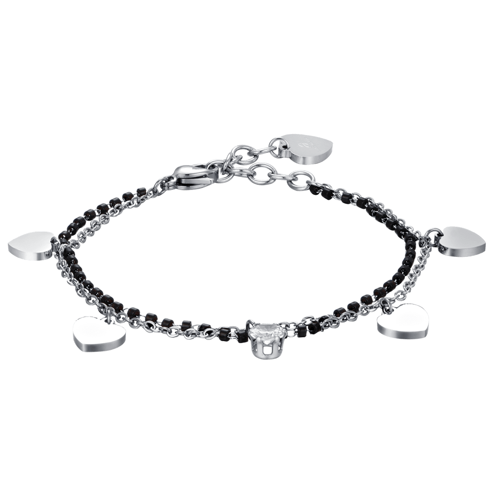 WOMEN'S STEEL BRACELET WITH HEARTS, BLACK ELEMENTS AND WHITE CRYSTAL