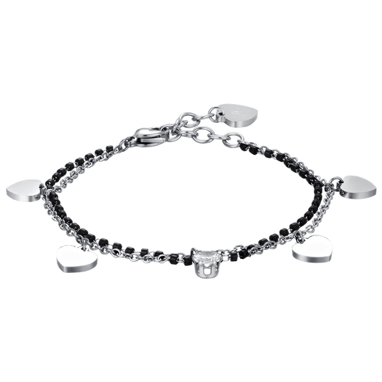 WOMEN'S STEEL BRACELET WITH HEARTS, BLACK ELEMENTS AND WHITE CRYSTAL