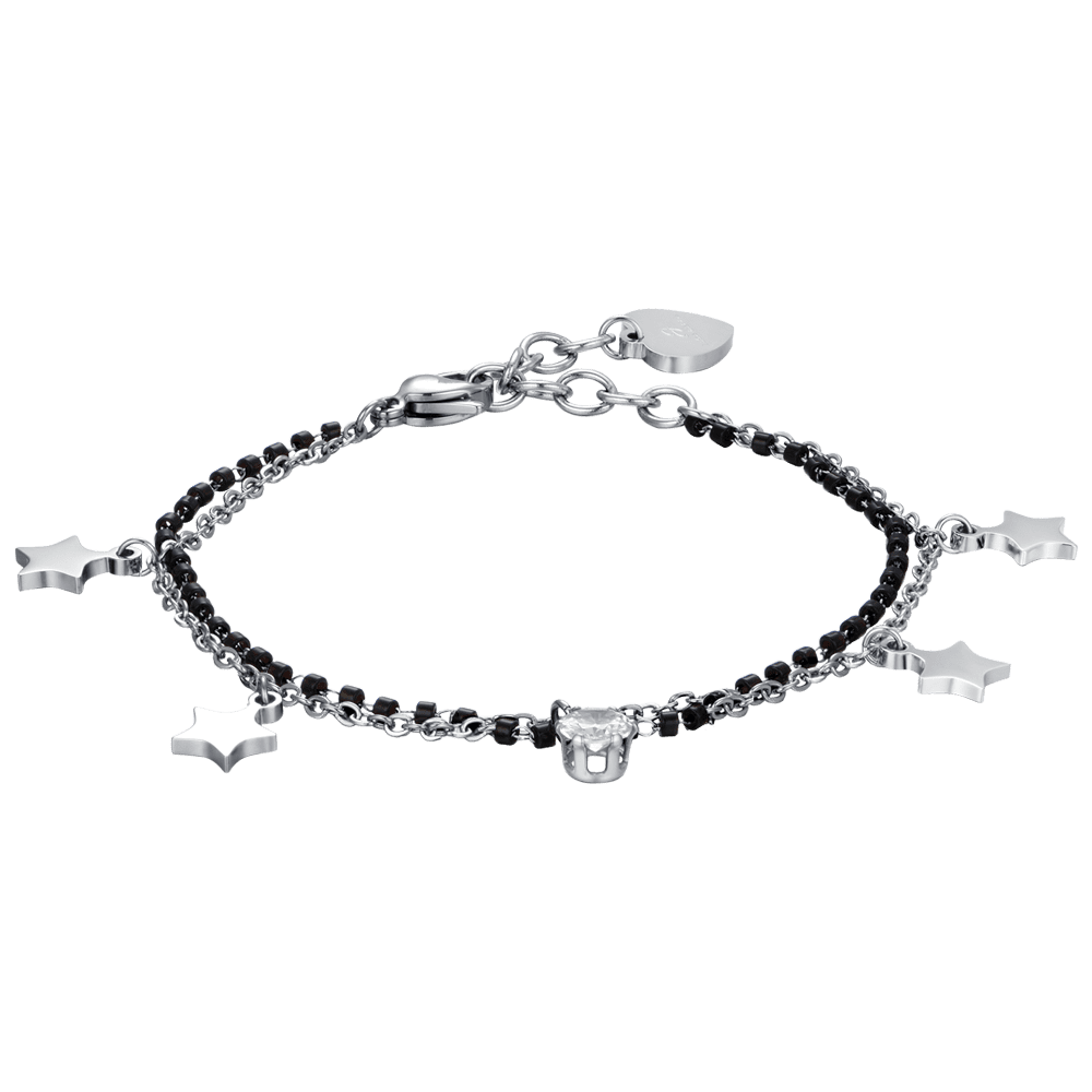 WOMEN'S STEEL BRACELET WITH STARS, BLACK IP ELEMENTS AND WHITE CRYSTAL