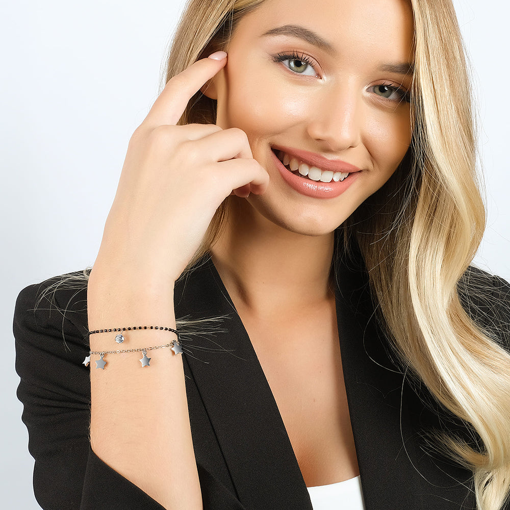 WOMEN'S STEEL BRACELET WITH STARS, BLACK IP ELEMENTS AND WHITE CRYSTAL