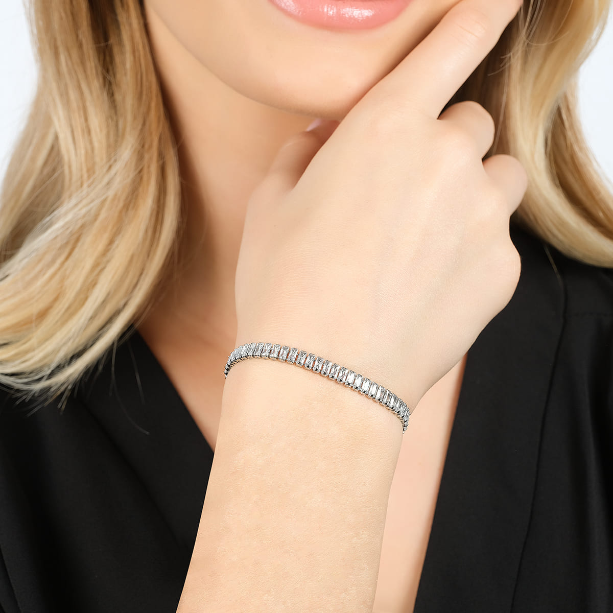 WOMEN'S STEEL TENNIS BRACELET WITH WHITE BAGUETTE CRYSTALS