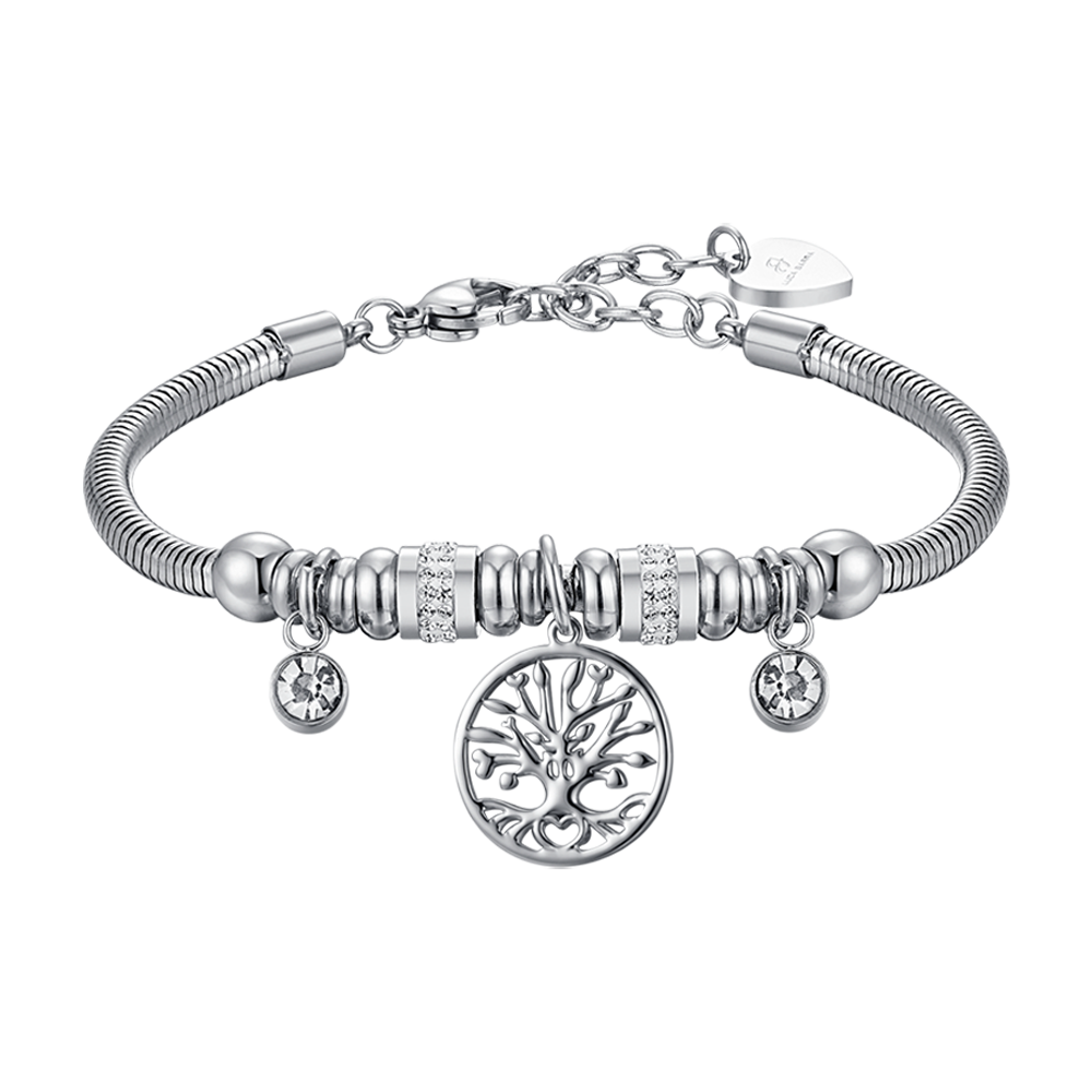 WOMEN'S STEEL BRACELET WITH TREE OF LIFE AND WHITE CRYSTALS