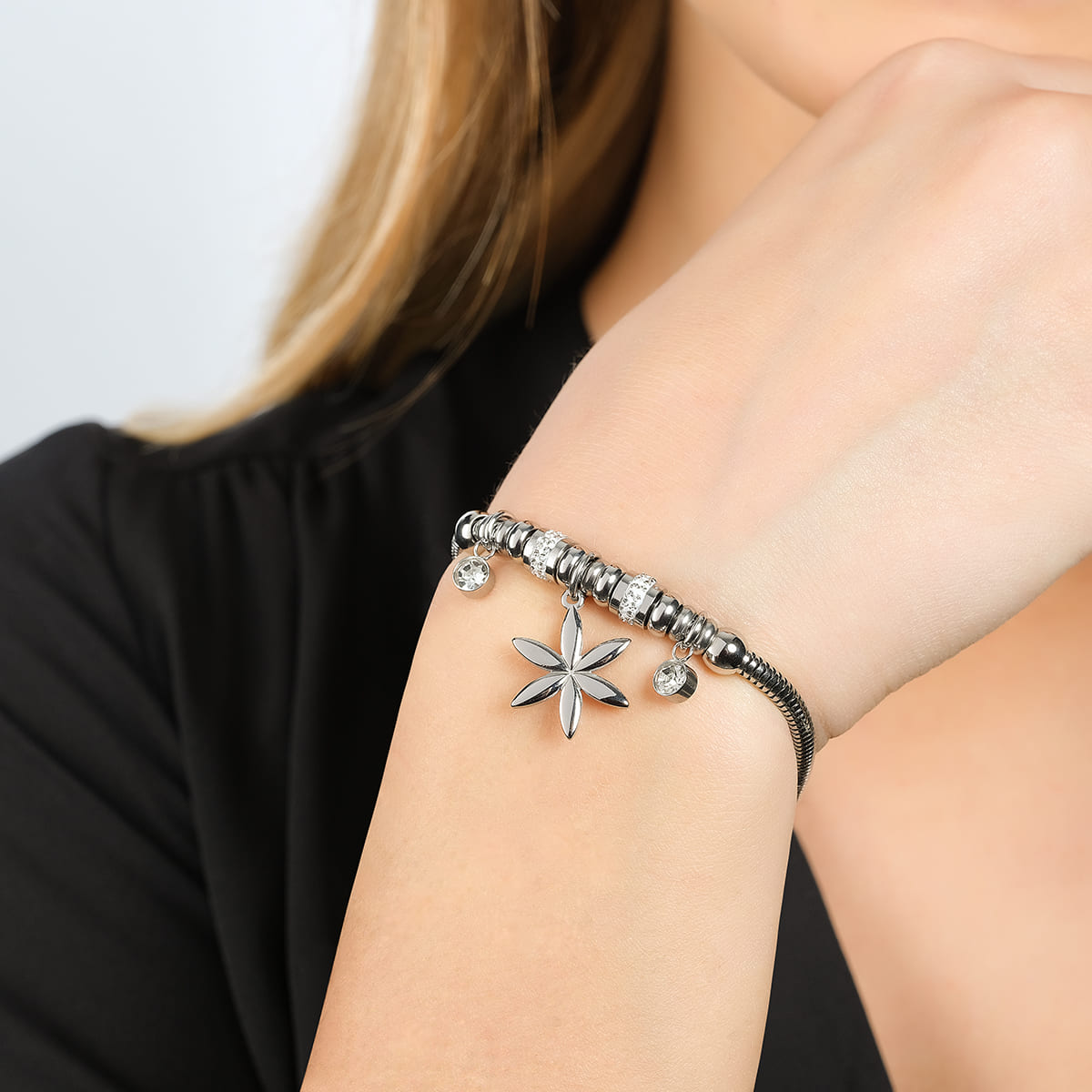 WOMEN'S STEEL BRACELET WITH FLOWER OF LIFE AND WHITE CRYSTALS