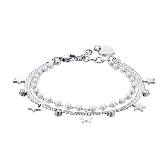 WOMEN'S STEEL BRACELET WITH WHITE PEARLS, STARS AND CRYSTALS