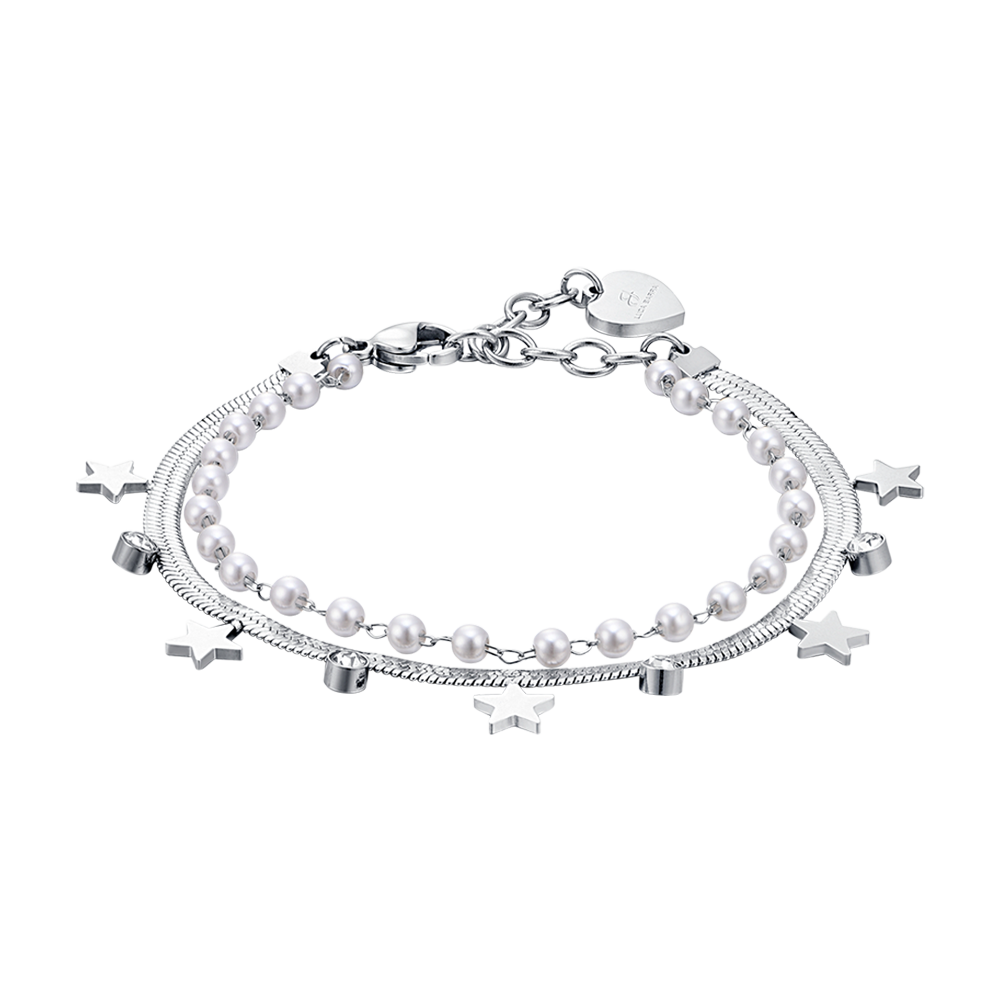 WOMEN'S STEEL BRACELET WITH WHITE PEARLS, STARS AND CRYSTALS