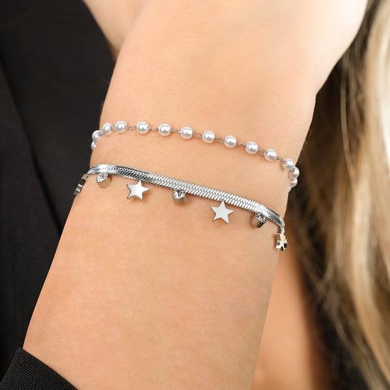 WOMEN'S STEEL BRACELET WITH WHITE PEARLS, STARS AND CRYSTALS