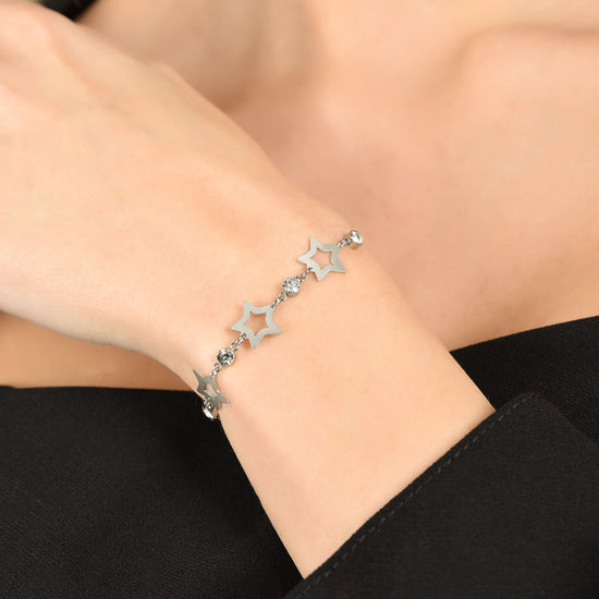 WOMEN'S STEEL BRACELET WITH OPENWORK STARS AND WHITE CRYSTALS