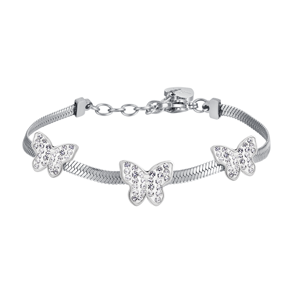 WOMAN'S SNAKE BRACELET IN STEEL WITH BUTTERFLES WITH WHITE CRYSTALS Luca Barra