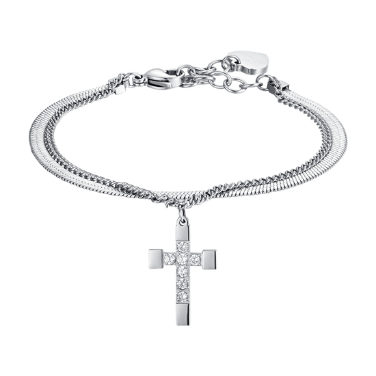 WOMEN'S STEEL CROSS BRACELET WITH WHITE CRYSTALS