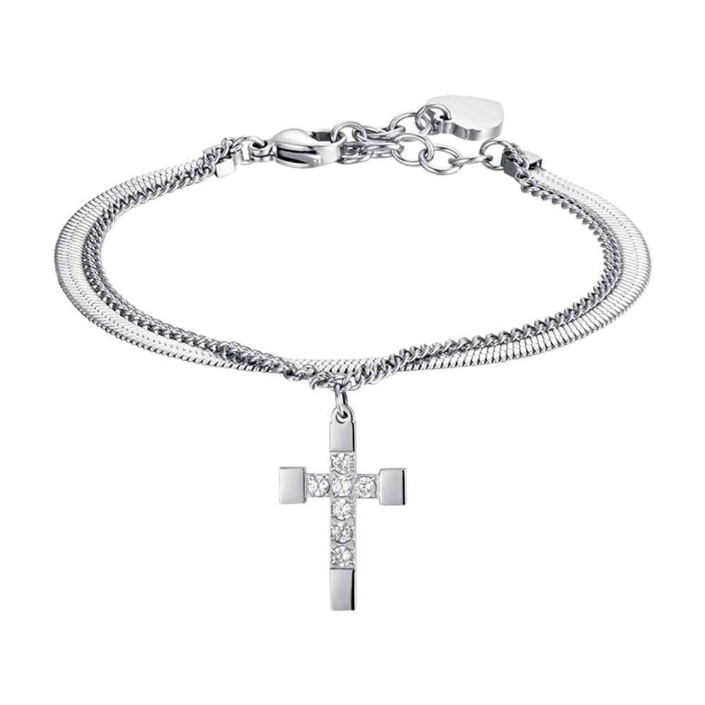 WOMEN'S STEEL CROSS BRACELET WITH WHITE CRYSTALS