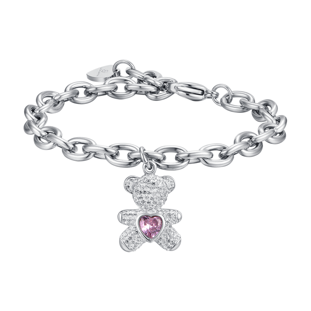 WOMEN'S STEEL BEAR BRACELET WITH PINK AND WHITE CRYSTALS