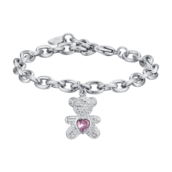 WOMEN'S STEEL BEAR BRACELET WITH PINK AND WHITE CRYSTALS