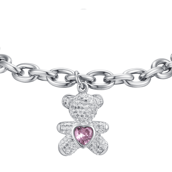 WOMEN'S STEEL BEAR BRACELET WITH PINK AND WHITE CRYSTALS