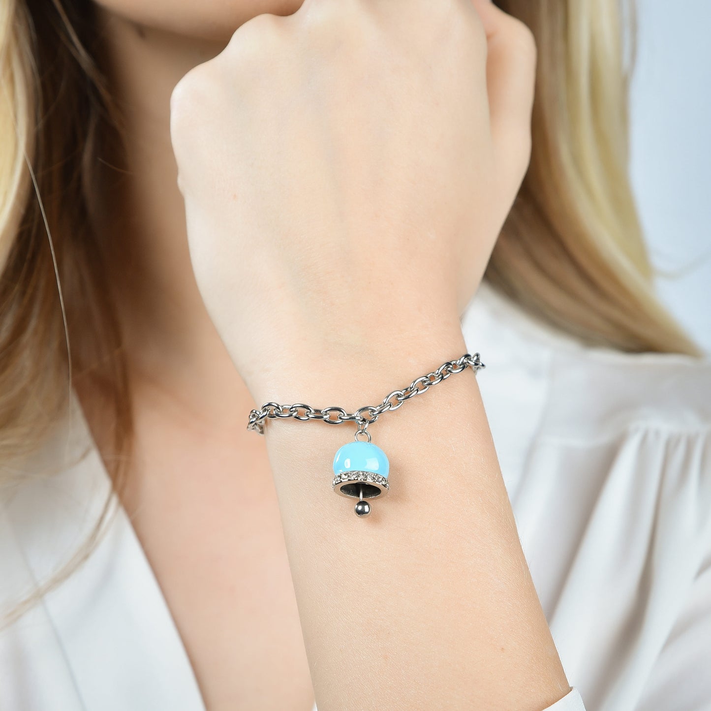 WOMEN'S STEEL BELL BRACELET WITH TURQUOISE ENAMEL AND CRYSTALS