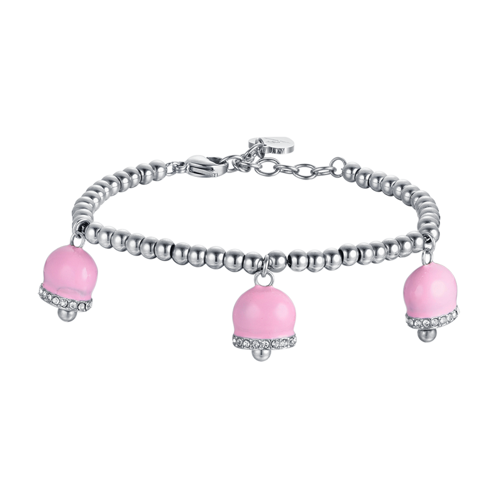 WOMEN'S STEEL BRACELET WITH BELLS WITH PINK ENAMEL AND WHITE CRYSTALS