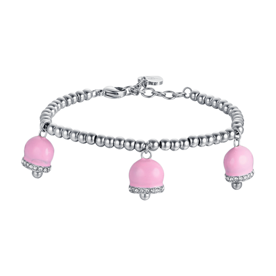 WOMEN'S STEEL BRACELET WITH BELLS WITH PINK ENAMEL AND WHITE CRYSTALS