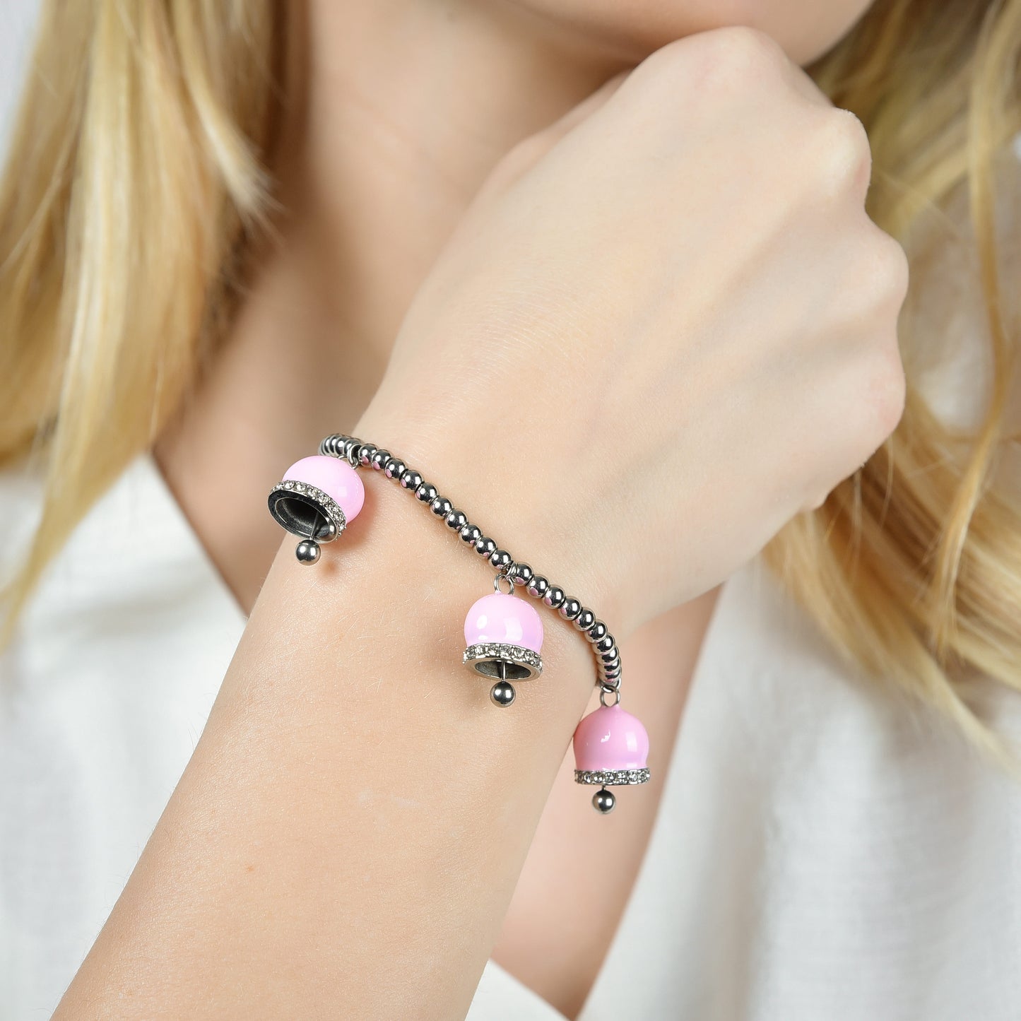 WOMEN'S STEEL BRACELET WITH BELLS WITH PINK ENAMEL AND WHITE CRYSTALS